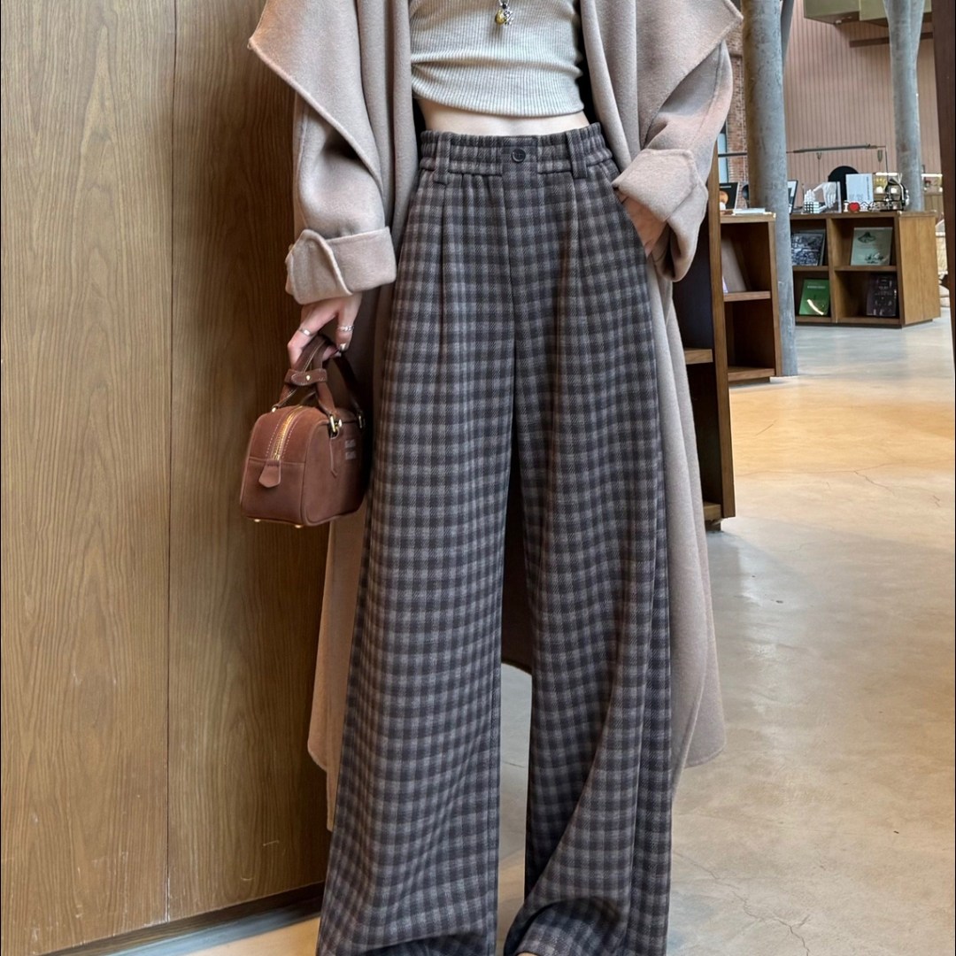法式复古高腰格纹西装裤2026春季新款垂坠感毛呢弯刀休闲阔腿裤女,女装/女士精品,大码裤装,淘宝优惠券,粉丝福利购,淘宝优惠卷