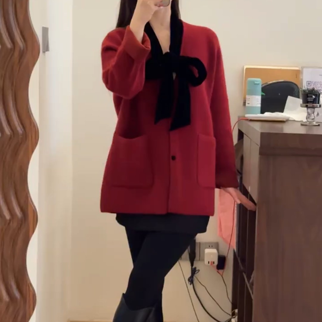 秋冬小香风红色蝴蝶结战袍外套女