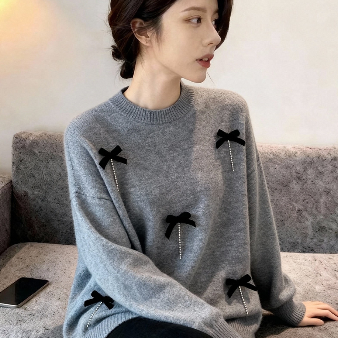 韩系高级感蝴蝶结灰色针织衫冬季