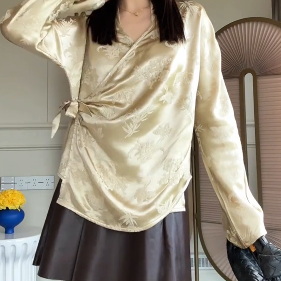 中式高级感禅意褶皱小众斜襟小衫
