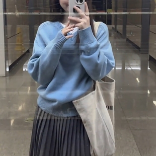 今年流行独特漂亮巨好看蓝色V领软糯宽松显瘦百搭打底针织衫 上衣