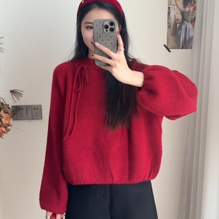 欧货高端定制设计款温柔风红色系带针织毛衣秋冬新款日常通勤上衣