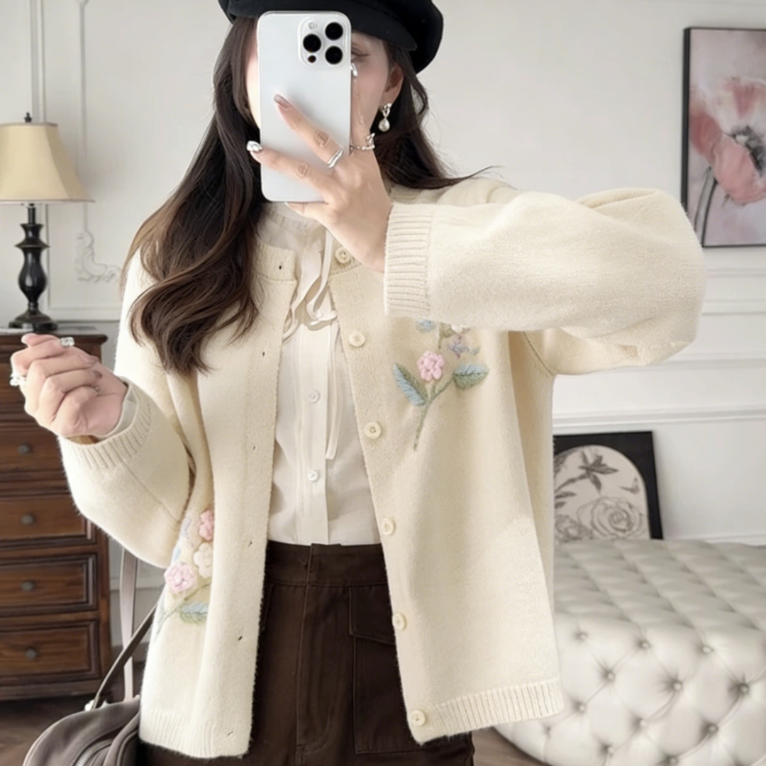 简约高级感国风刺绣花朵针织开衫