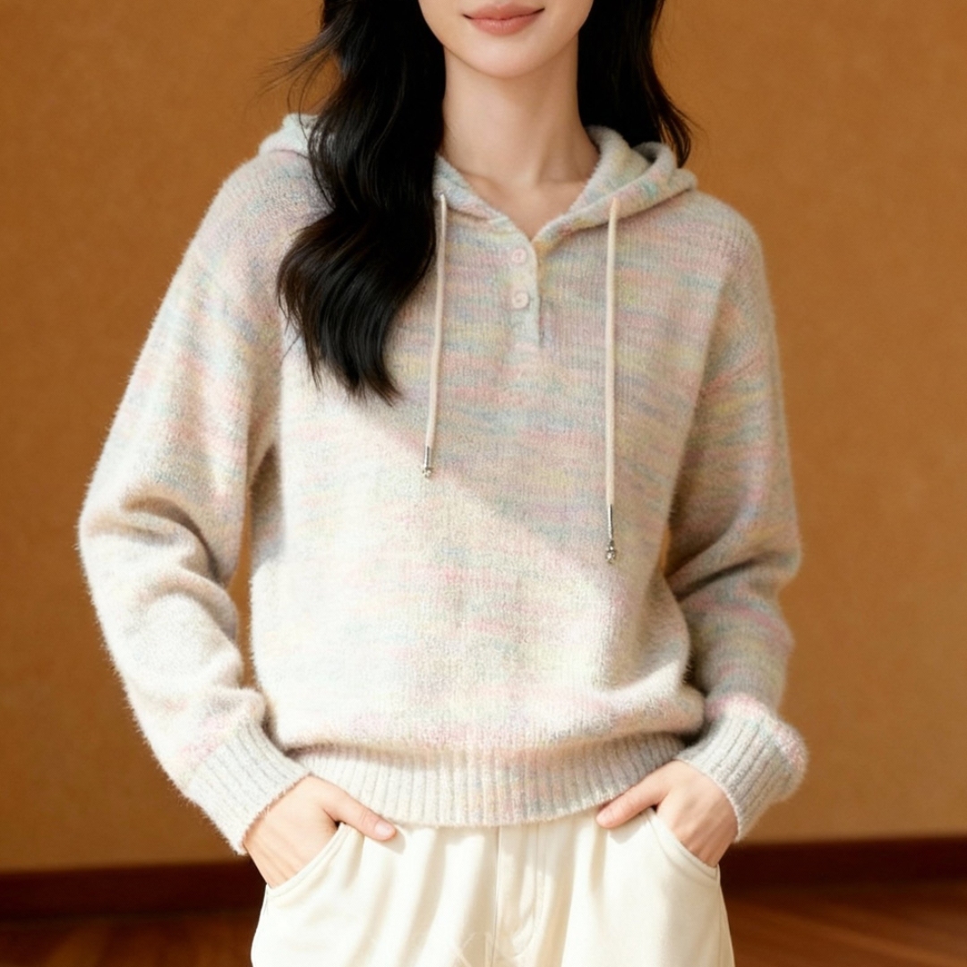 秋冬新款巨好彩虹色连帽针织卫衣