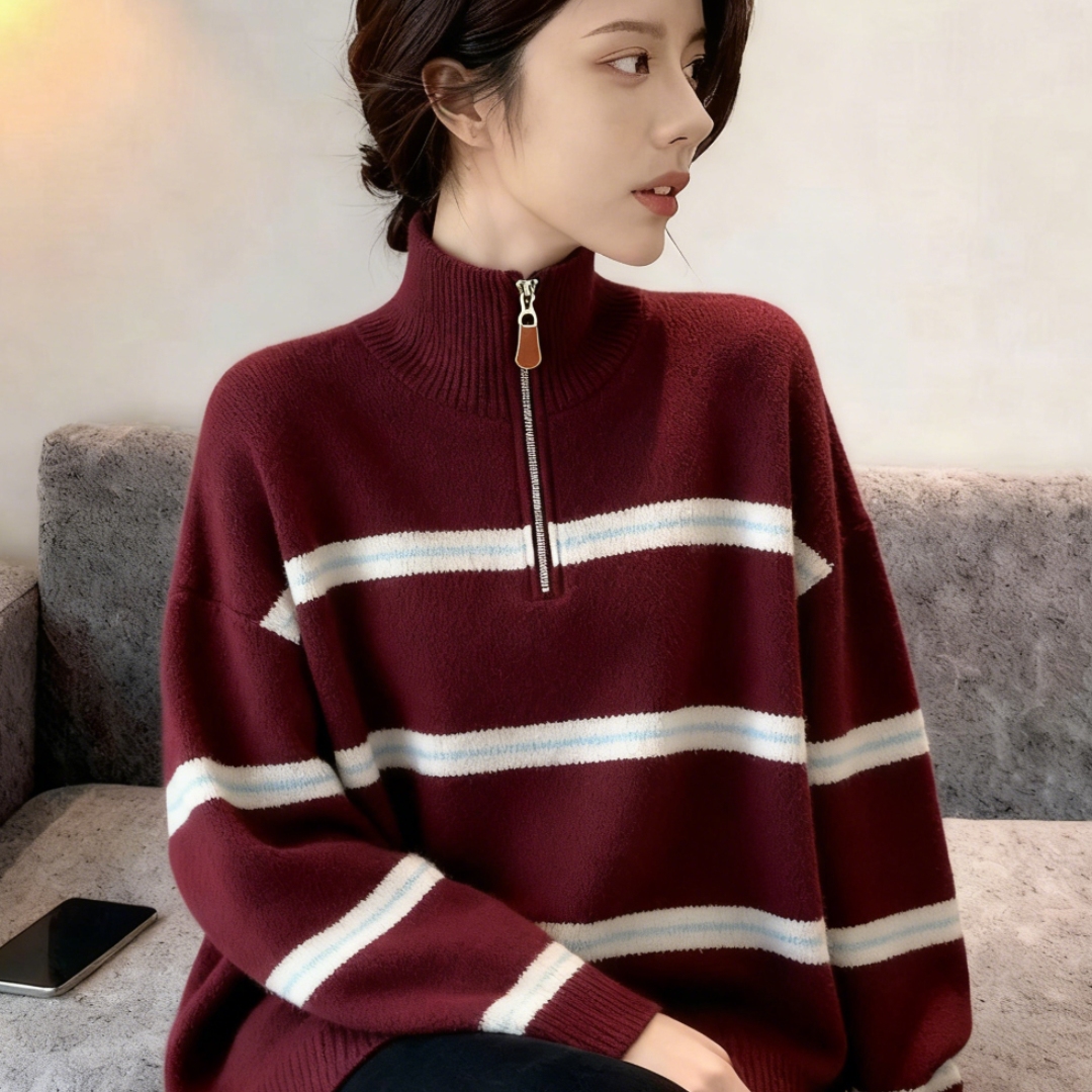慵懒复古高级感半拉链条纹针织衫