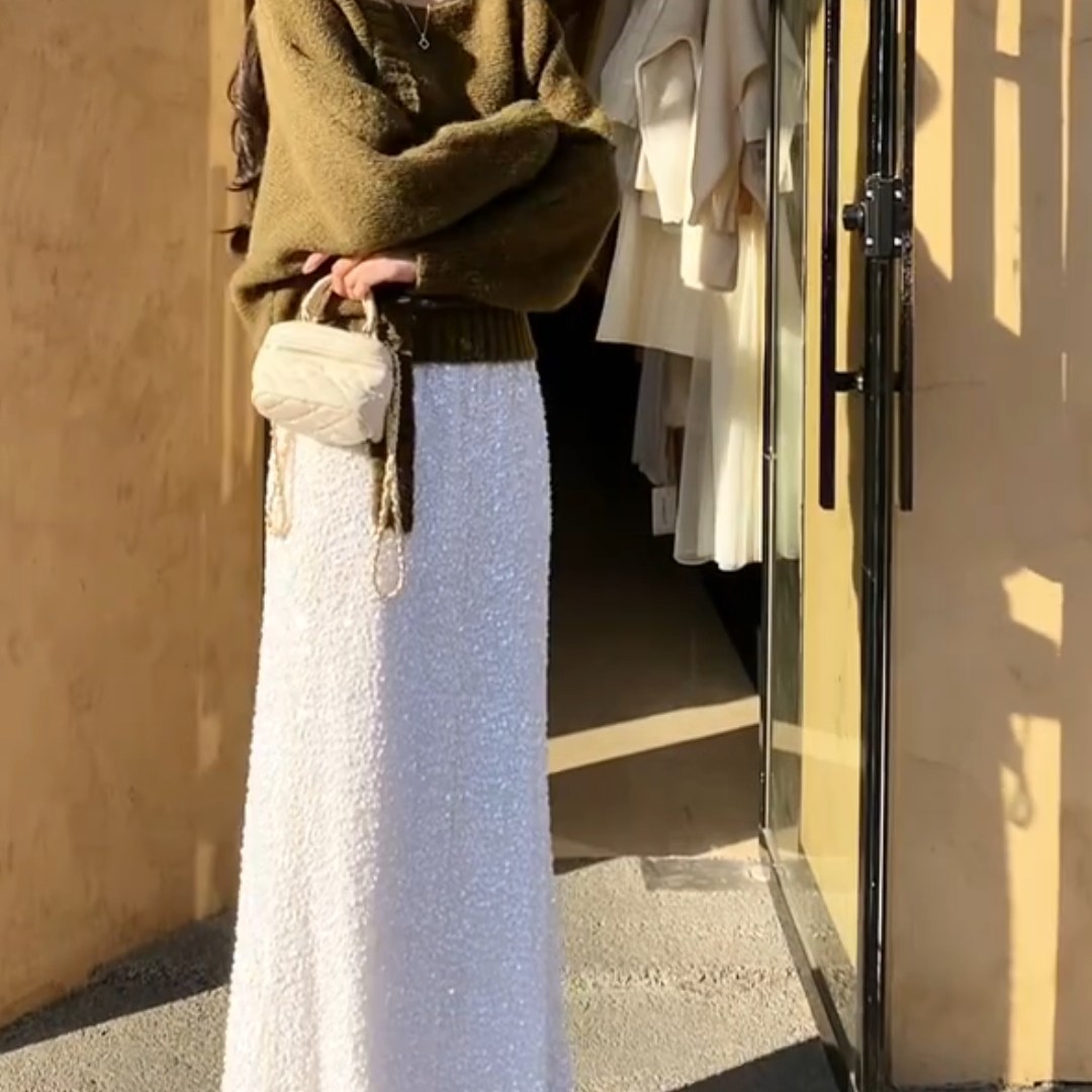 法式小香风白色高腰亮片半身裙女2026春季设计感松紧腰a字鱼尾裙,女装/女士精品,大码半身裙,淘宝优惠券,粉丝福利购,淘宝优惠卷