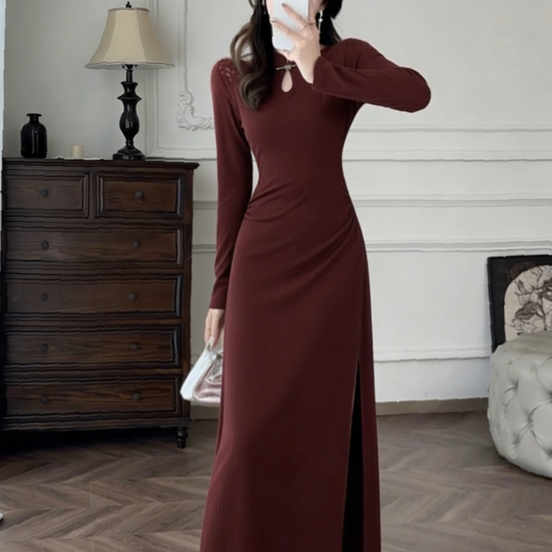 秋冬新中式改良旗袍红色战袍长裙