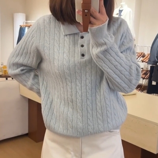 2025秋冬新款 女慵懒显瘦蓝色复古毛衣 简约老钱风polo领麻花针织衫