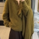 软糯慵懒风绿色V领套头毛衣秋冬复古老钱风宽松显瘦微胖百搭上衣