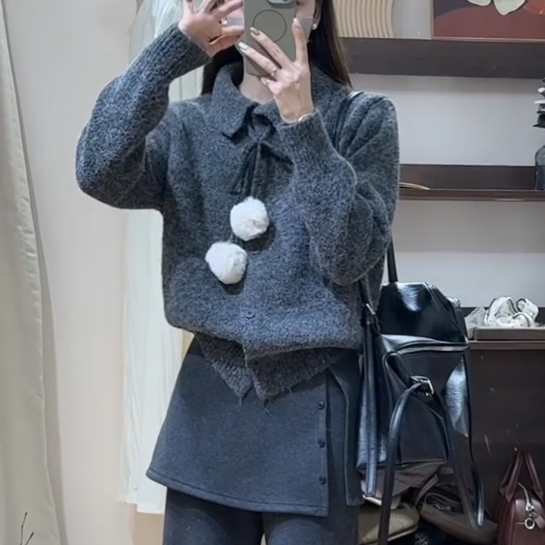 冬季新款翻领毛球系带毛衣外套女设计感气质宽松显瘦可外穿上衣女,女装/女士精品,大码内搭,淘宝优惠券,粉丝福利购,淘宝优惠卷