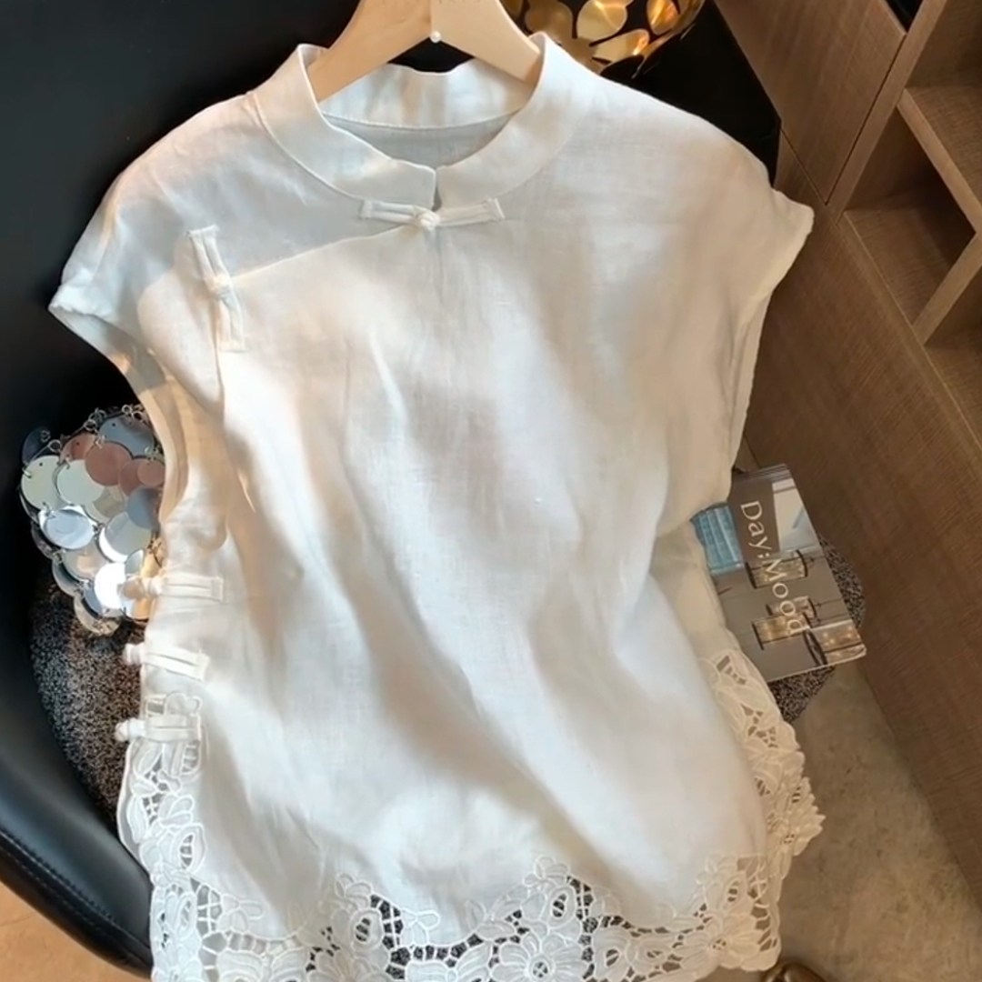 新中式斜襟蕾丝镂空短袖T恤女夏季新款时尚白色气质高级感背心潮,女装/女士精品,大码内搭,淘宝优惠券,粉丝福利购,淘宝优惠卷