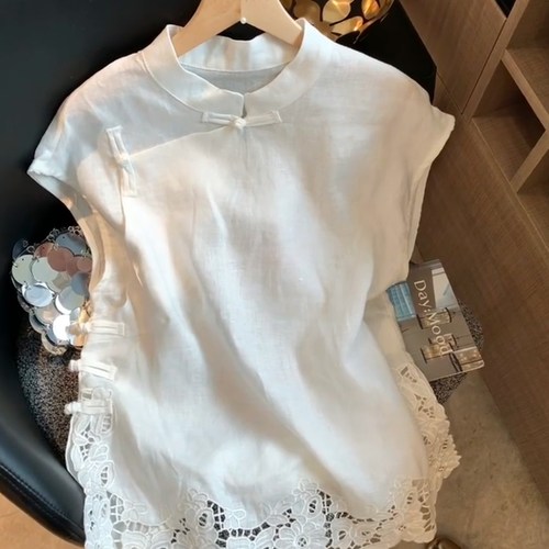 新中式斜襟蕾丝镂空短袖T恤女夏