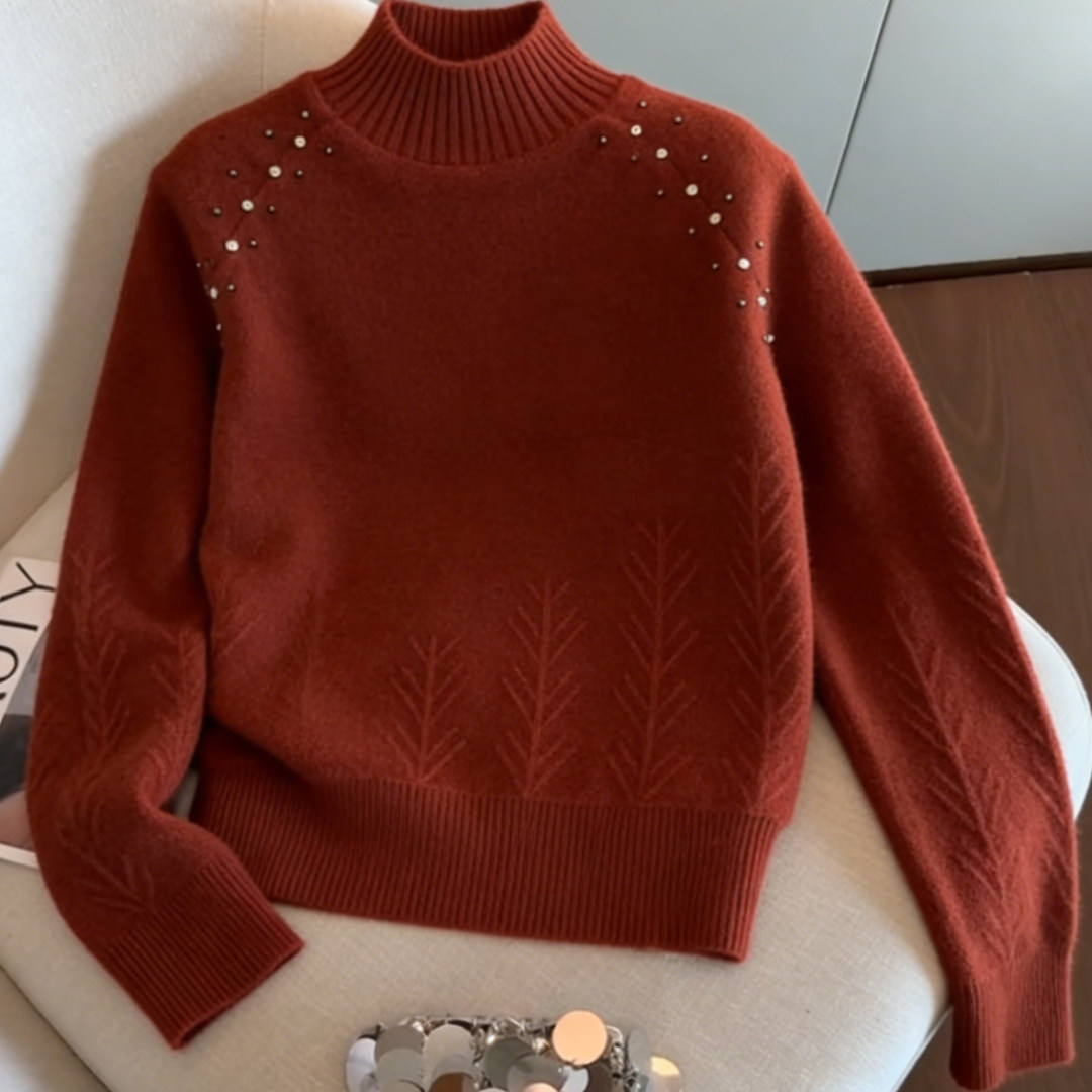 2025新年红高领钉珠显瘦打底衫冬