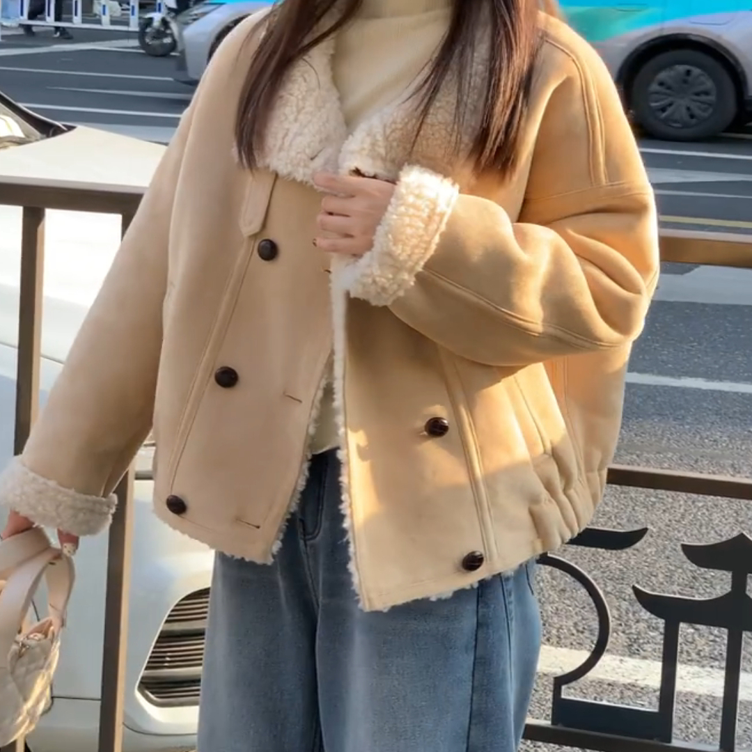 皮毛一体环保加厚胖mm羊羔毛外套