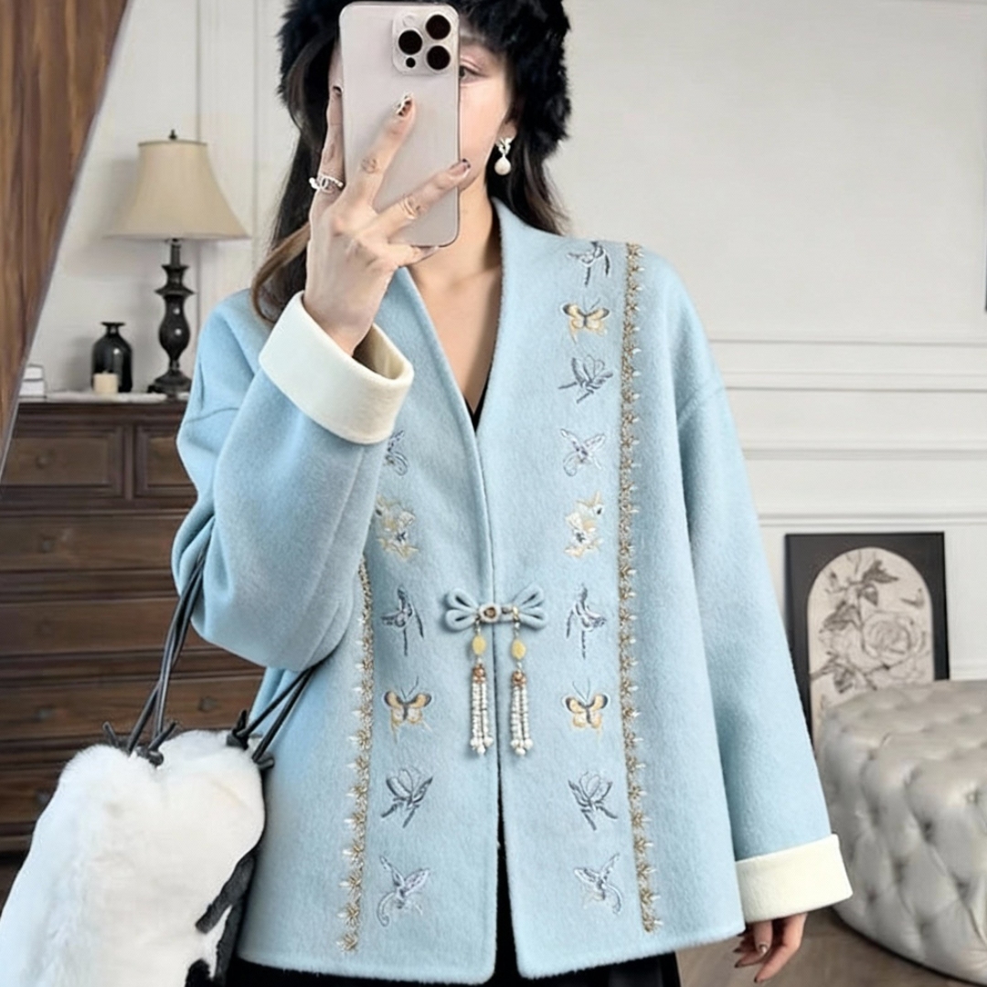 冬季新中式复古蓝盘扣毛呢外套潮