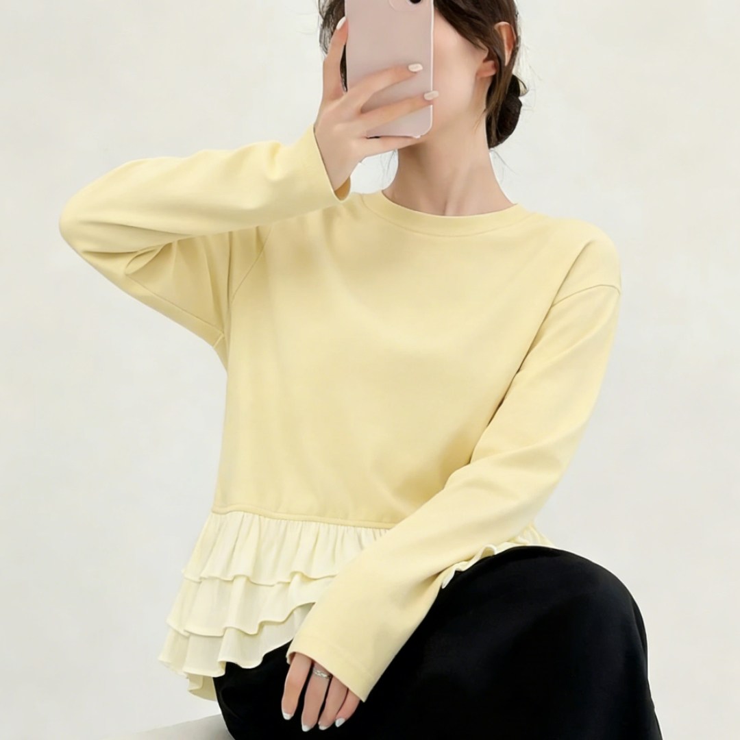 春季新款设计感荷叶边长袖T恤女日常通勤小个子宽松显瘦内搭上衣,女装/女士精品,大码内搭,淘宝优惠券,粉丝福利购,淘宝优惠卷