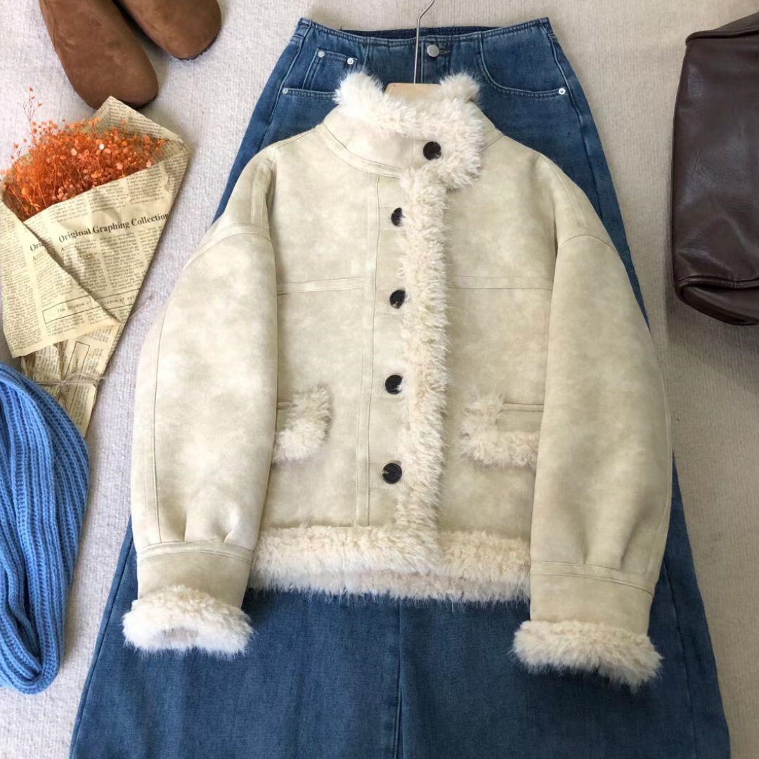 美拉德复古皮毛一体机车外套女冬