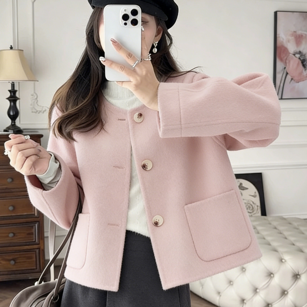 粉色短款毛呢大衣小个子冬季新款
