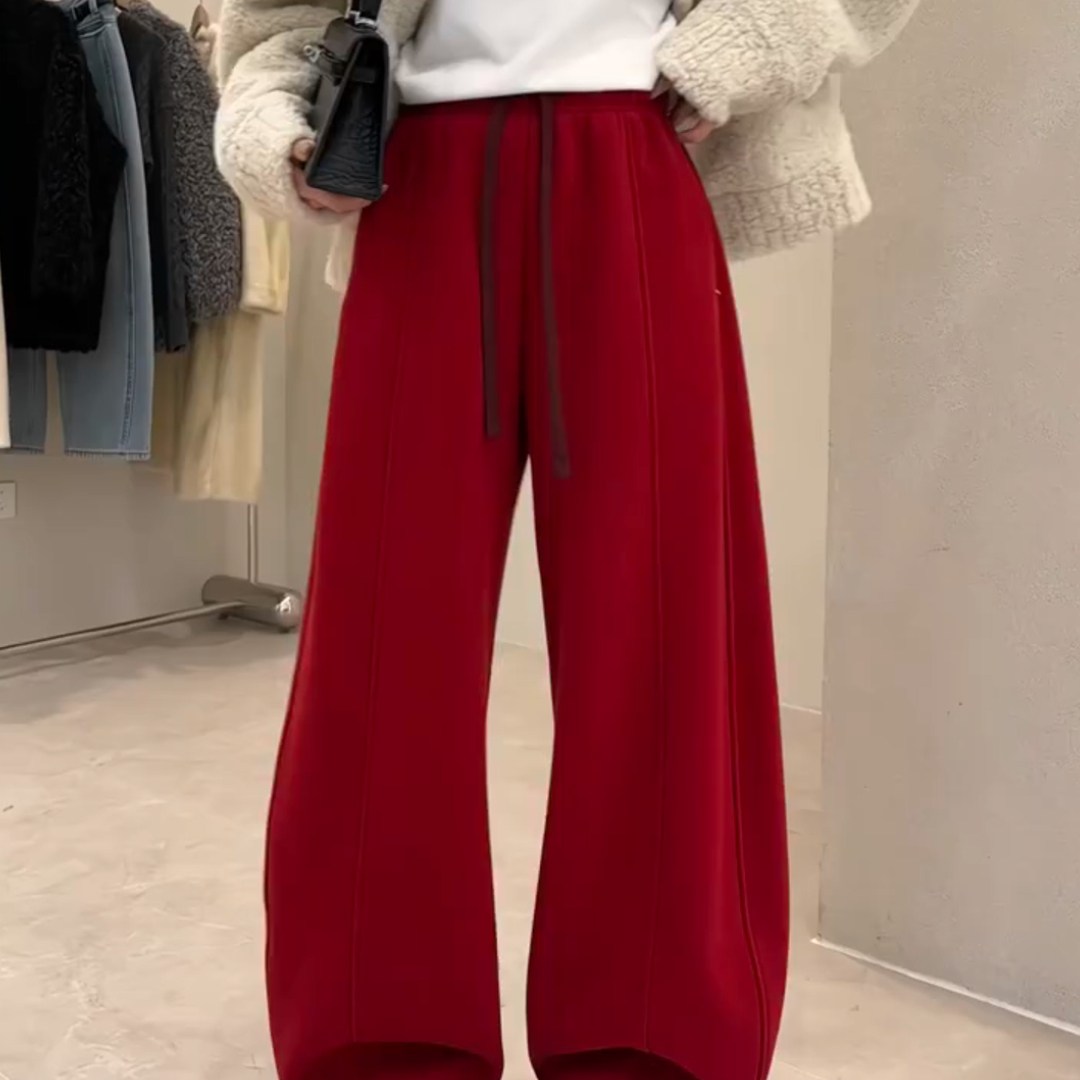 新年慵懒风红色高腰抽绳阔腿裤女秋冬新款复古垂顺宽松显瘦休闲裤,女装/女士精品,大码裤装,淘宝优惠券,粉丝福利购,淘宝优惠卷