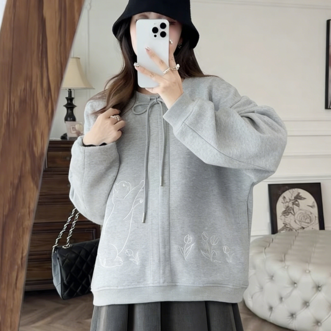 国风清冷感刺绣圆领系带卫衣2025