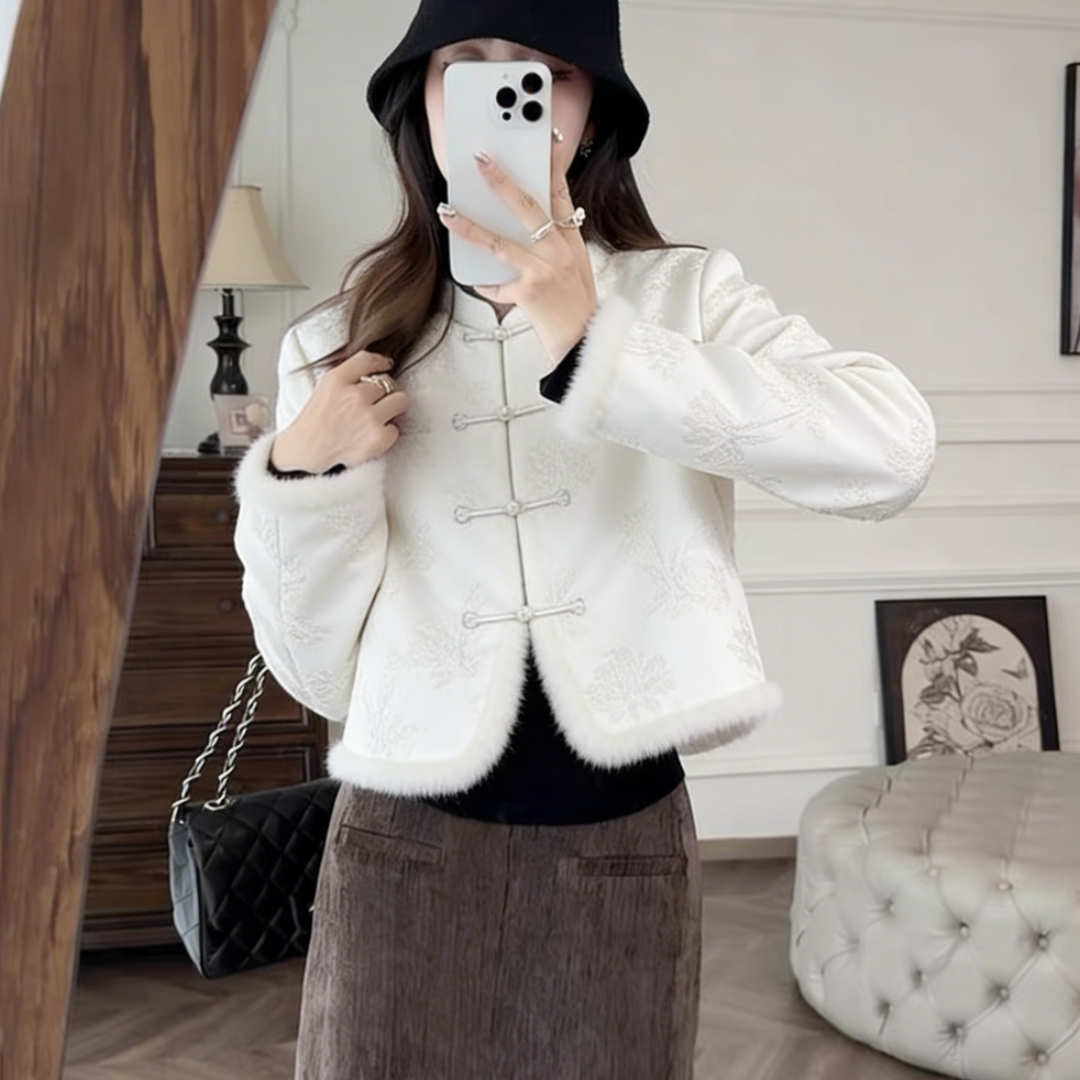 新中式提花立领短款保暖棉衣女冬