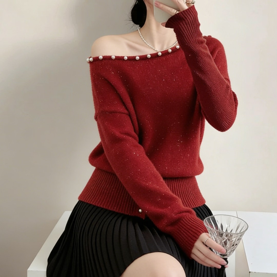 节日氛围感露肩红色毛衣女2026新款高级感复古显瘦内搭可外穿上衣,女装/女士精品,大码内搭,淘宝优惠券,粉丝福利购,淘宝优惠卷