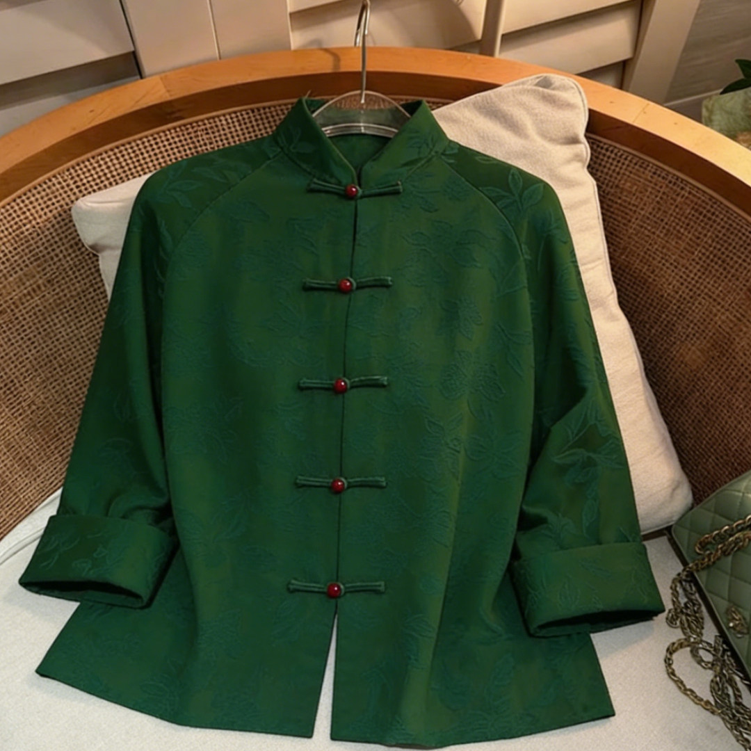 新中式国风禅意绿色宽松立领衬衫