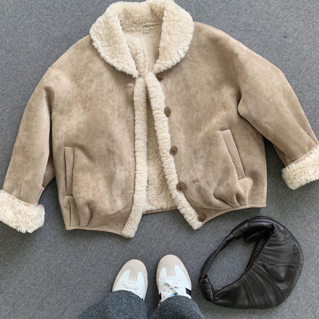 毛领皮毛一体加厚保暖羊羔毛外套