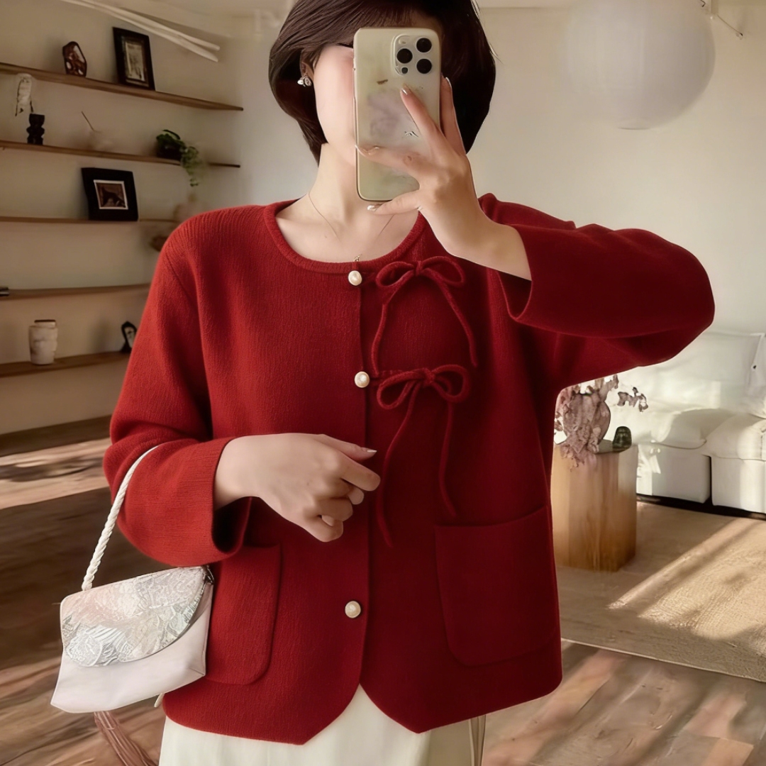 穿搭高级感红色蝴蝶结毛衣开衫女