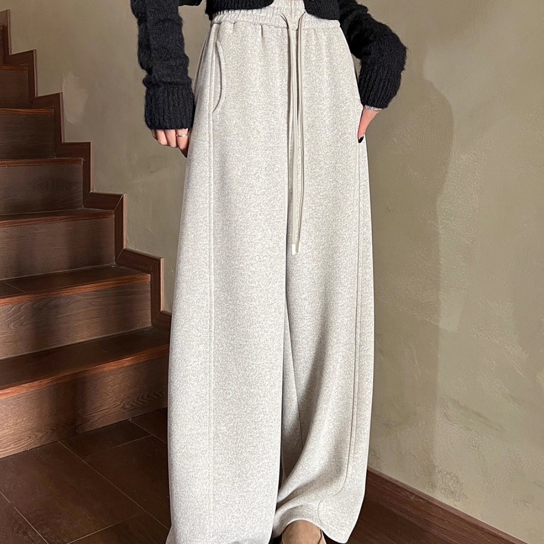 灰色高腰针织弯刀裤2026春季新款高腰垂感弹力宽松显瘦香蕉阔腿裤,女装/女士精品,大码裤装,淘宝优惠券,粉丝福利购,淘宝优惠卷