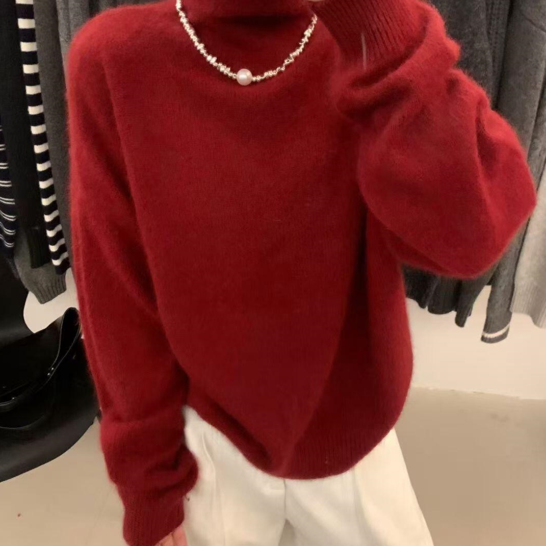慵懒风红色高领宽松软糯针织毛衣