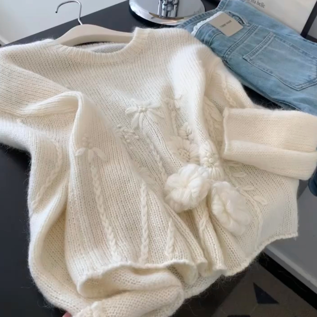 欧货复古立体花朵米色软糯针织衫