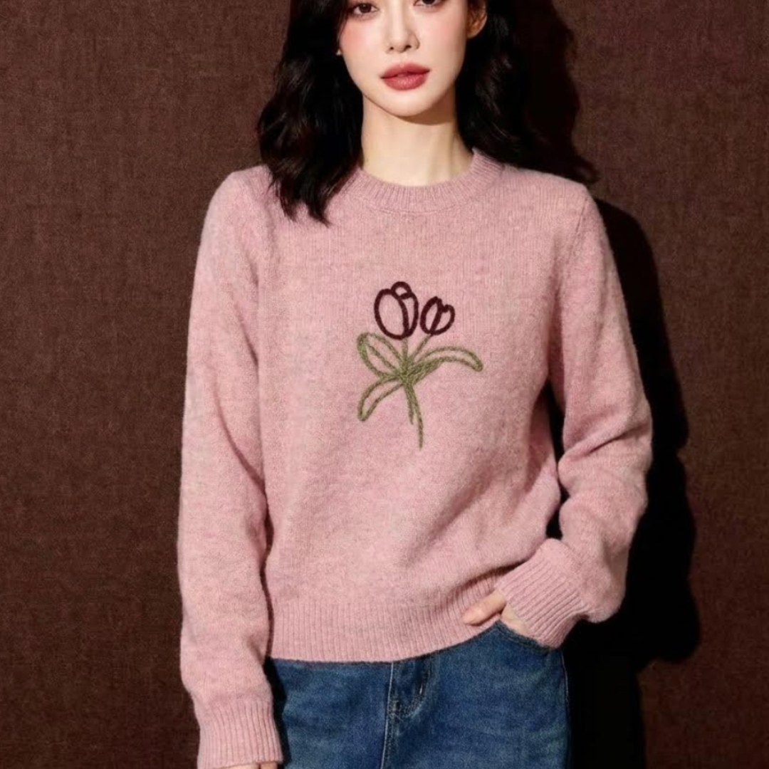 时尚洋气减龄花朵刺绣针织衫女冬