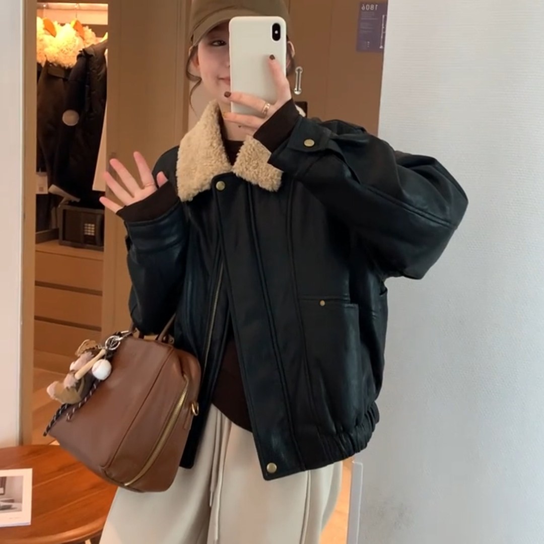 2025冬季新款老钱风气质轻奢羊羔毛翻领皮衣女宽松保暖夹克外套潮,女装/女士精品,大码内搭,淘宝优惠券,粉丝福利购,淘宝优惠卷