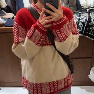 秋冬新款 新年氛围感费尔岛提花针织毛衣慵懒风独特漂亮宽松上衣女