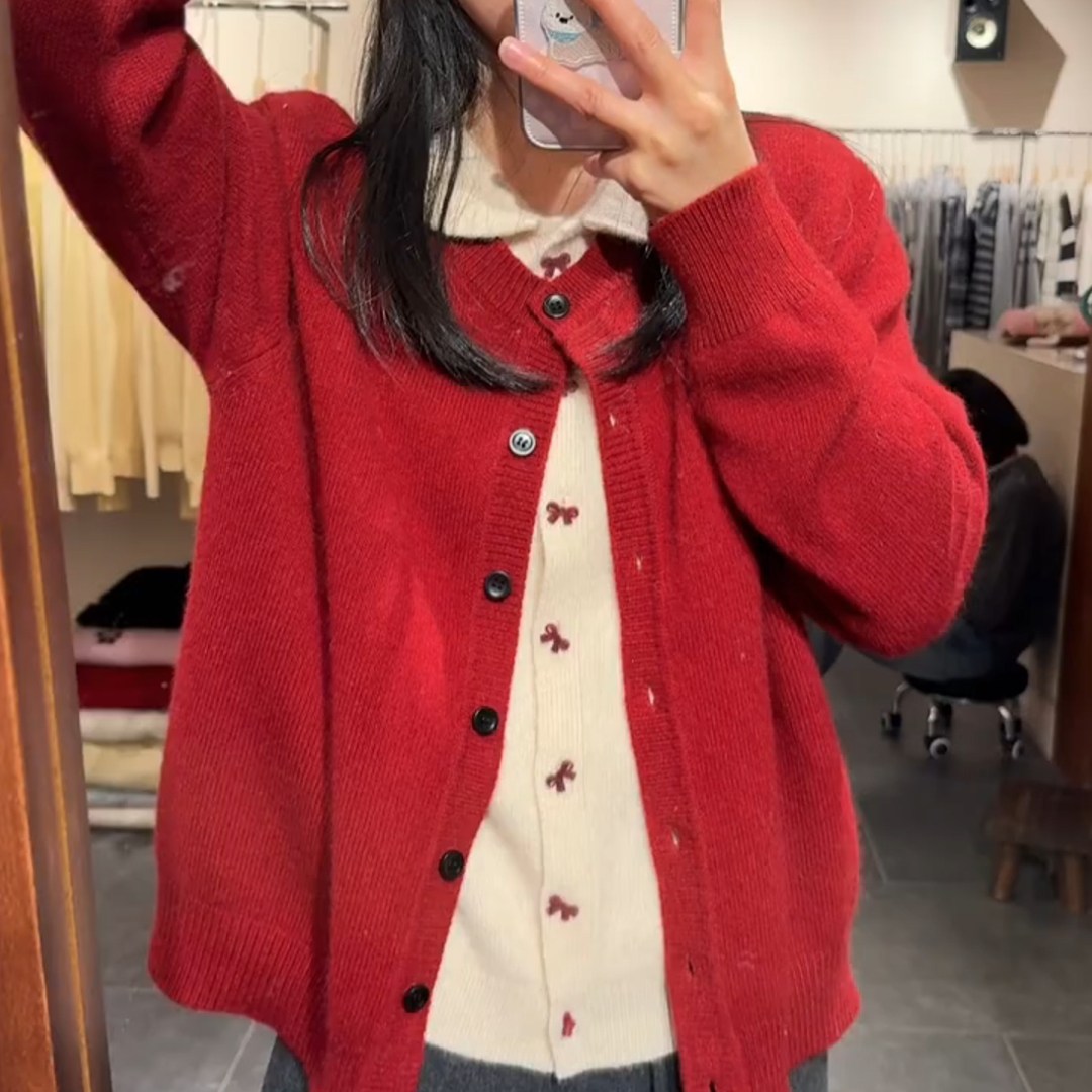 新年红色假两件蝴蝶结翻领毛衣外套女秋冬新款慵懒风设计感上衣潮,女装/女士精品,大码内搭,淘宝优惠券,粉丝福利购,淘宝优惠卷