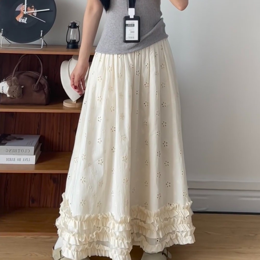 法式轻奢重工花边镂空高腰半身裙高级感小个子杏色显瘦大摆长裙女,女装/女士精品,大码半身裙,淘宝优惠券,粉丝福利购,淘宝优惠卷