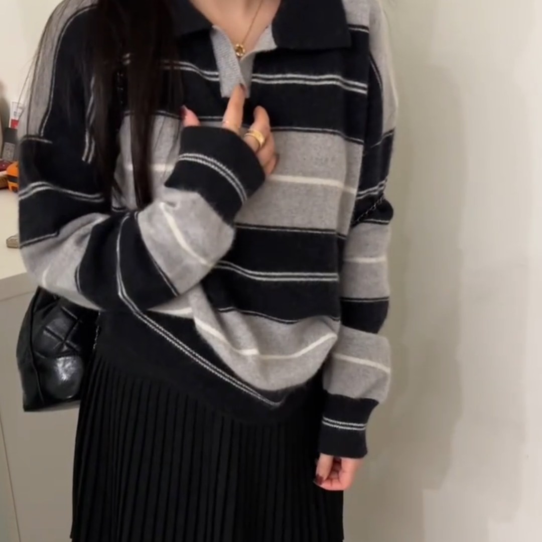 韩系氛围感早秋穿搭巨好看条纹撞色翻领针织衫软糯套头胖mm毛衣女,女装/女士精品,大码内搭,淘宝优惠券,粉丝福利购,淘宝优惠卷