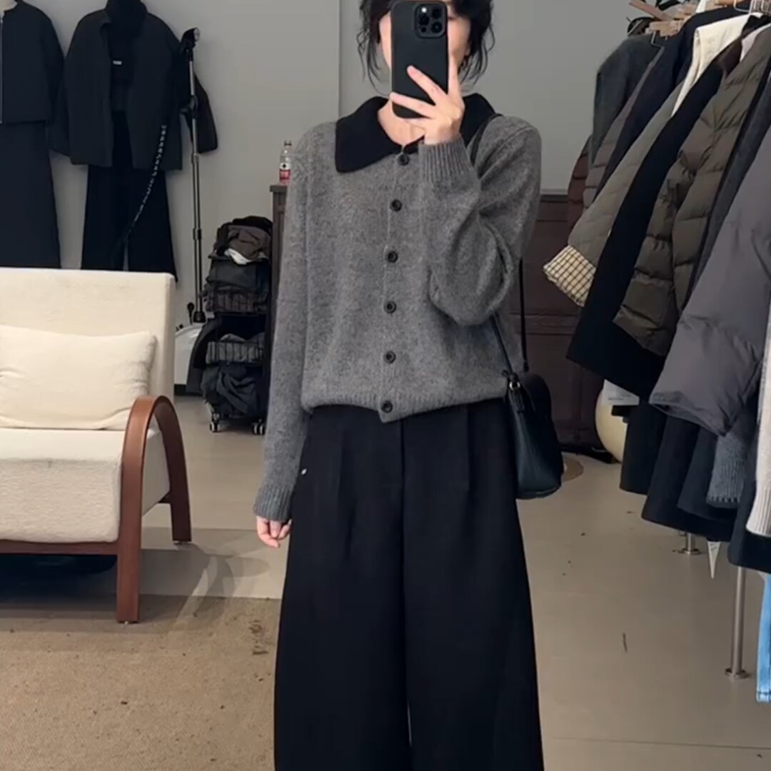 韩系简约复古撞色针织开衫设计感慵懒风宽松小个子翻领毛衣女秋冬,女装/女士精品,大码内搭,淘宝优惠券,粉丝福利购,淘宝优惠卷