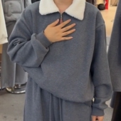 韩系简约时尚 加绒加厚羊羔毛翻领卫衣运动风休闲宽松保暖胖mm上衣