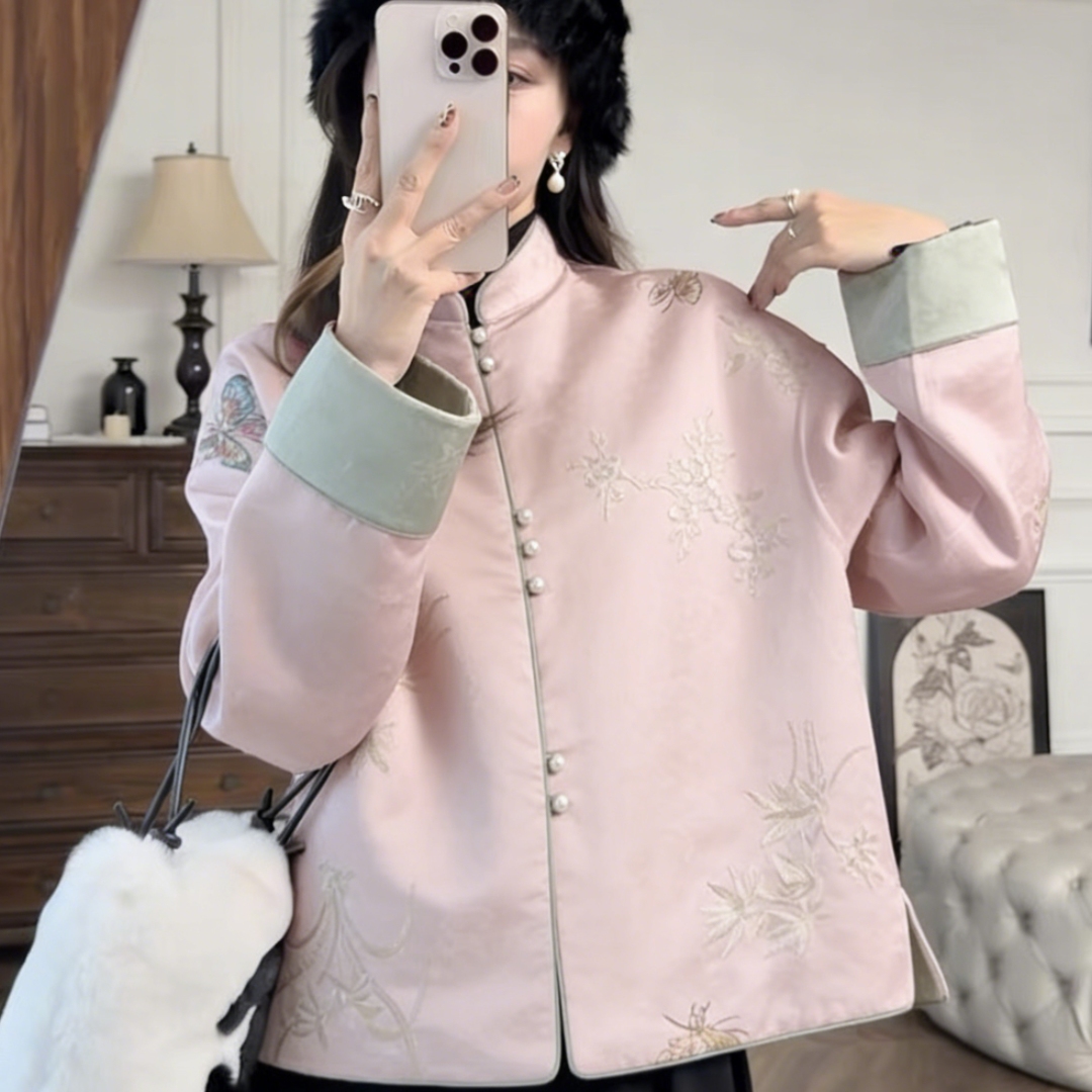 秋冬新款国风粉色刺绣唐装外套女