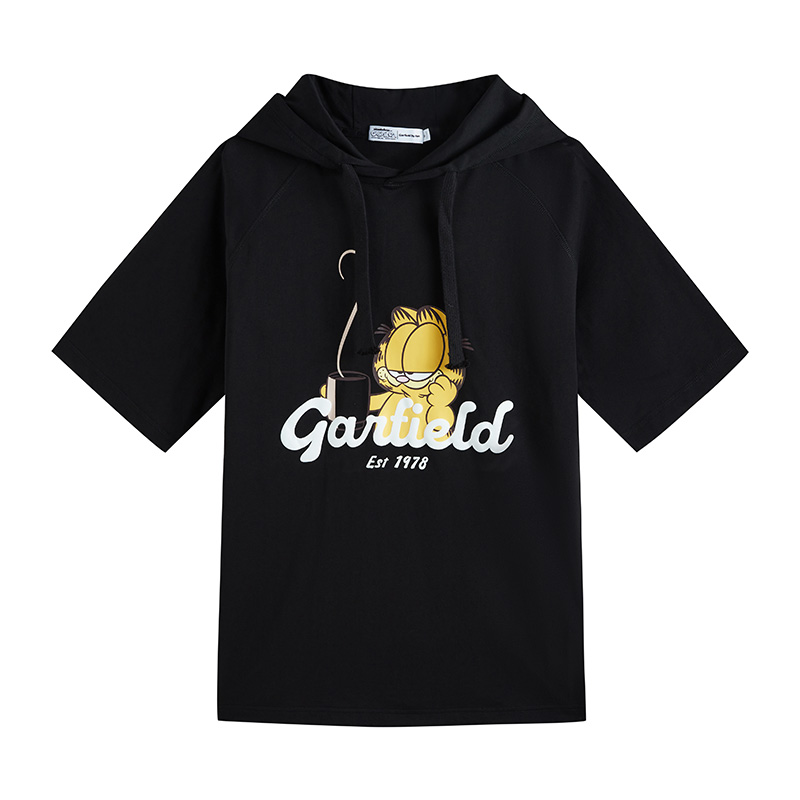 Fun连帽T恤情侣款2025年夏季加菲猫联名卡通印花休闲五分袖上衣