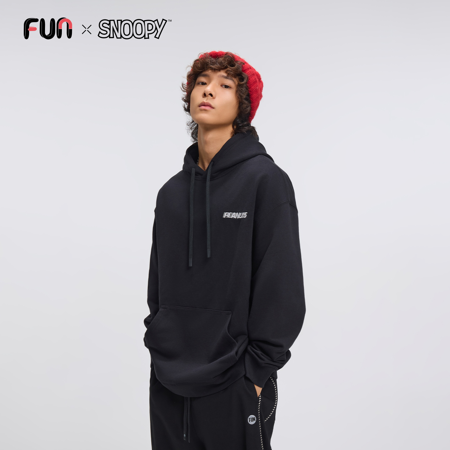 Fun潮牌连帽套头卫衣红色史努比联名休闲宽松男女款帽衫中性外套
