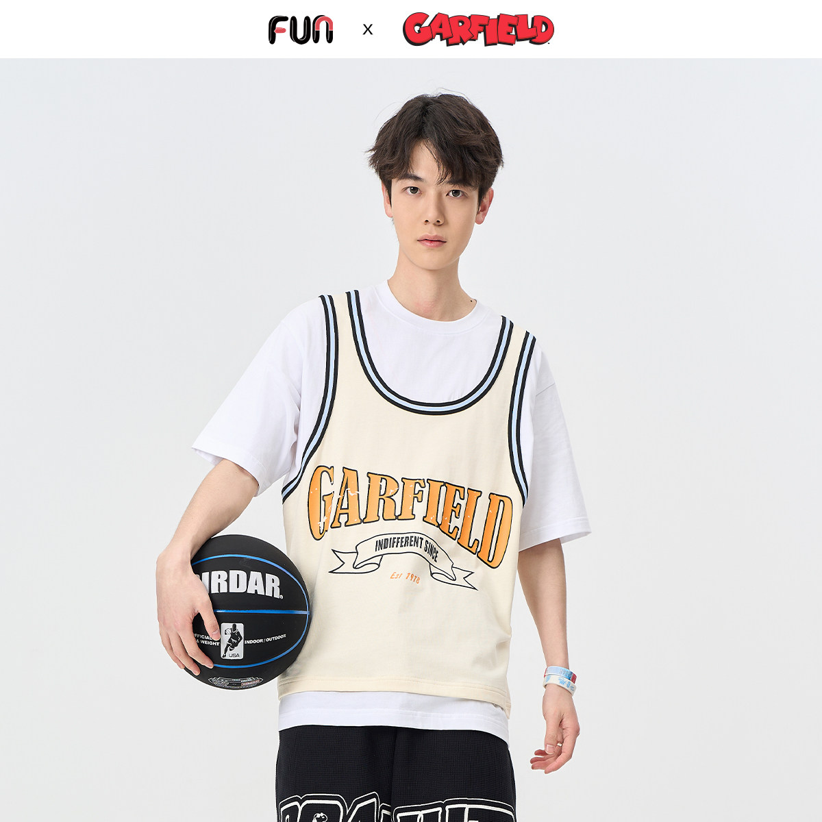 Fun潮牌短袖t恤男2025年夏季新款加菲猫联名假两件设计圆领上衣