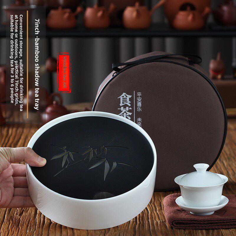 陶瓷便携式旅行茶具户外竹茶盘圆形排水小储水功夫茶船套壶架