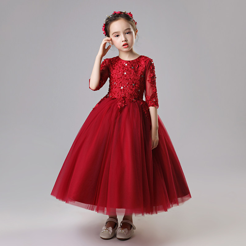儿童礼服公主裙女童蓬蓬纱婚纱酒红长裙小花童主持人钢琴演出服秋