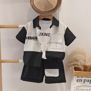 男童夏装短袖衬衫套装2025新款儿童休闲时尚夏季洋气宝宝三件套潮