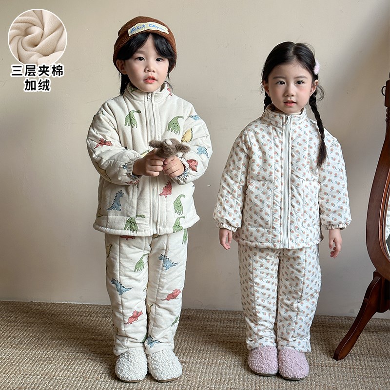 儿童睡衣冬季加厚款男童保暖宝宝加绒三层夹棉女童小孩家居服套装