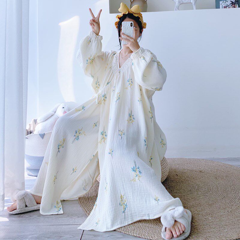 长袖加大码纯棉双层纱汉服睡裙开衫睡袍宽松孕产妇胖MM哺乳家居服