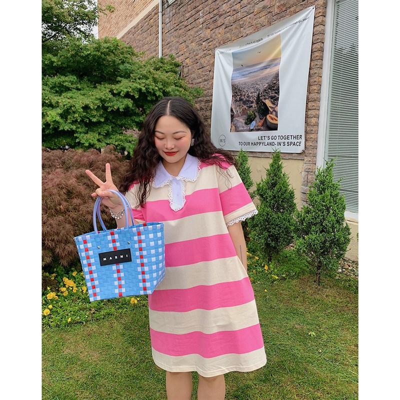 金大支polo领连衣裙女2024年新款夏季高级感大码胖mm条纹针织裙子图片